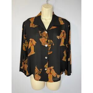 Harari Vintage Silk Asian Geisha Print Blouse Artsy Women's Black Sz M